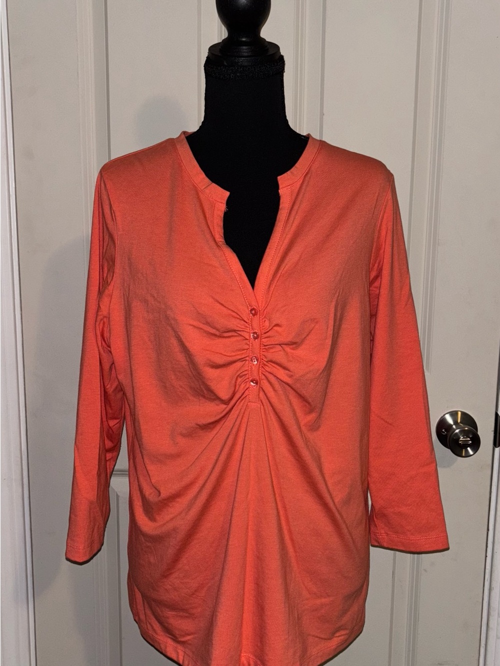 One Step Up Coral Gathered Button-Front Long Sleeve Top